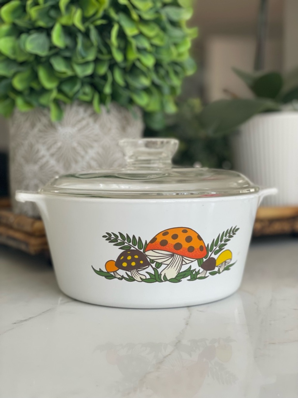 Vintage Merry Mushroom Corningware White Casserole Dish with original Lid